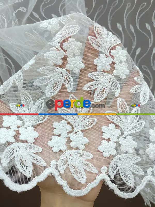 Brode İşlemeli Nakışlı Tül Perde Sarmaşık Desen 280- Ekru