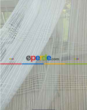 Çizgili Beyaz Tül Perde- Ekru - Kurşunlu Tül