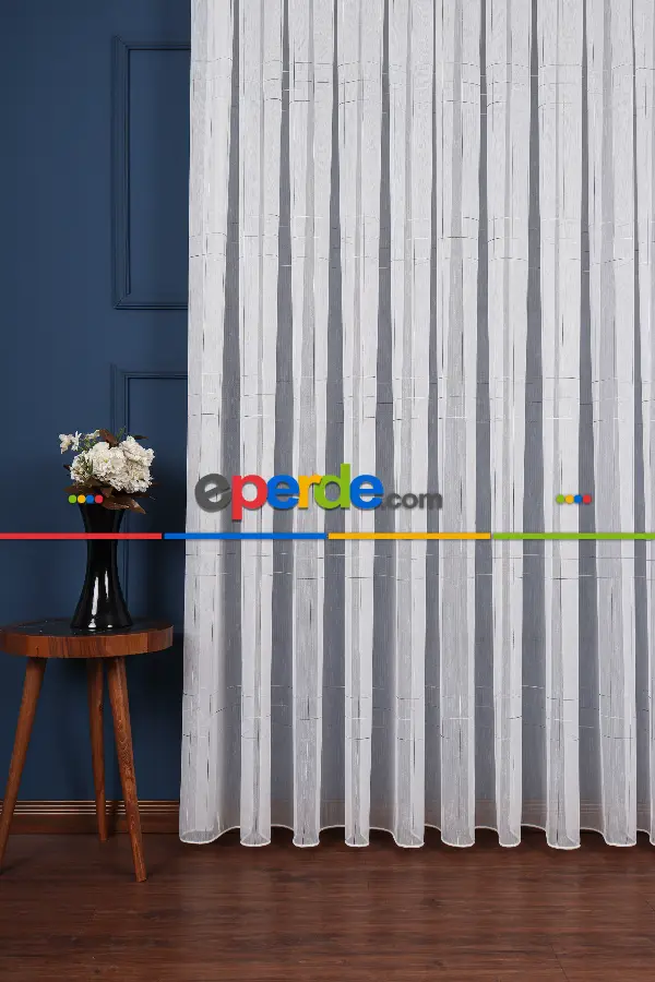 Salon Tül - Bambu Zemin Geometri Nakış İşlemeli Tül Perde