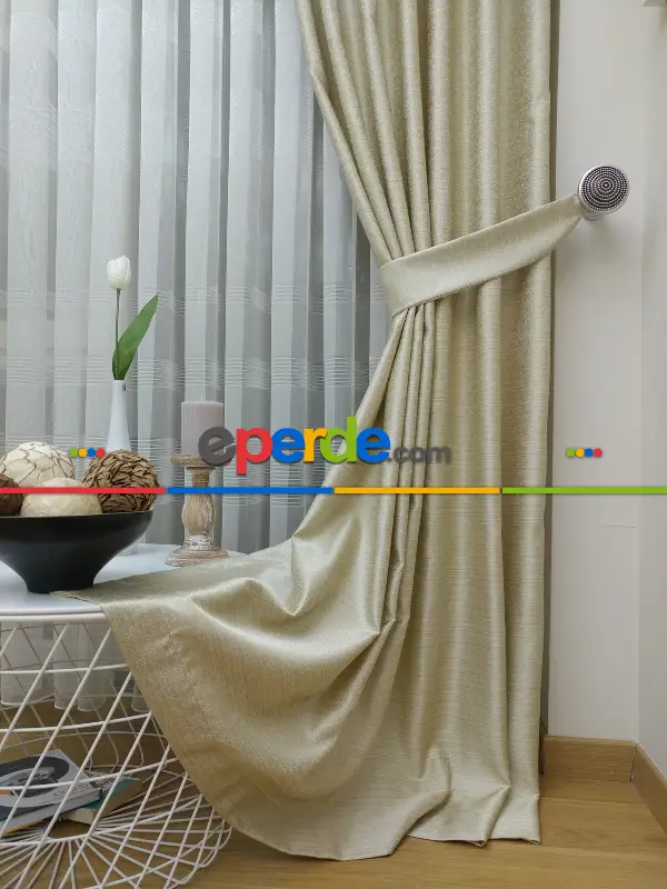 Krem Desenli Jakar Fon Perde- Krem