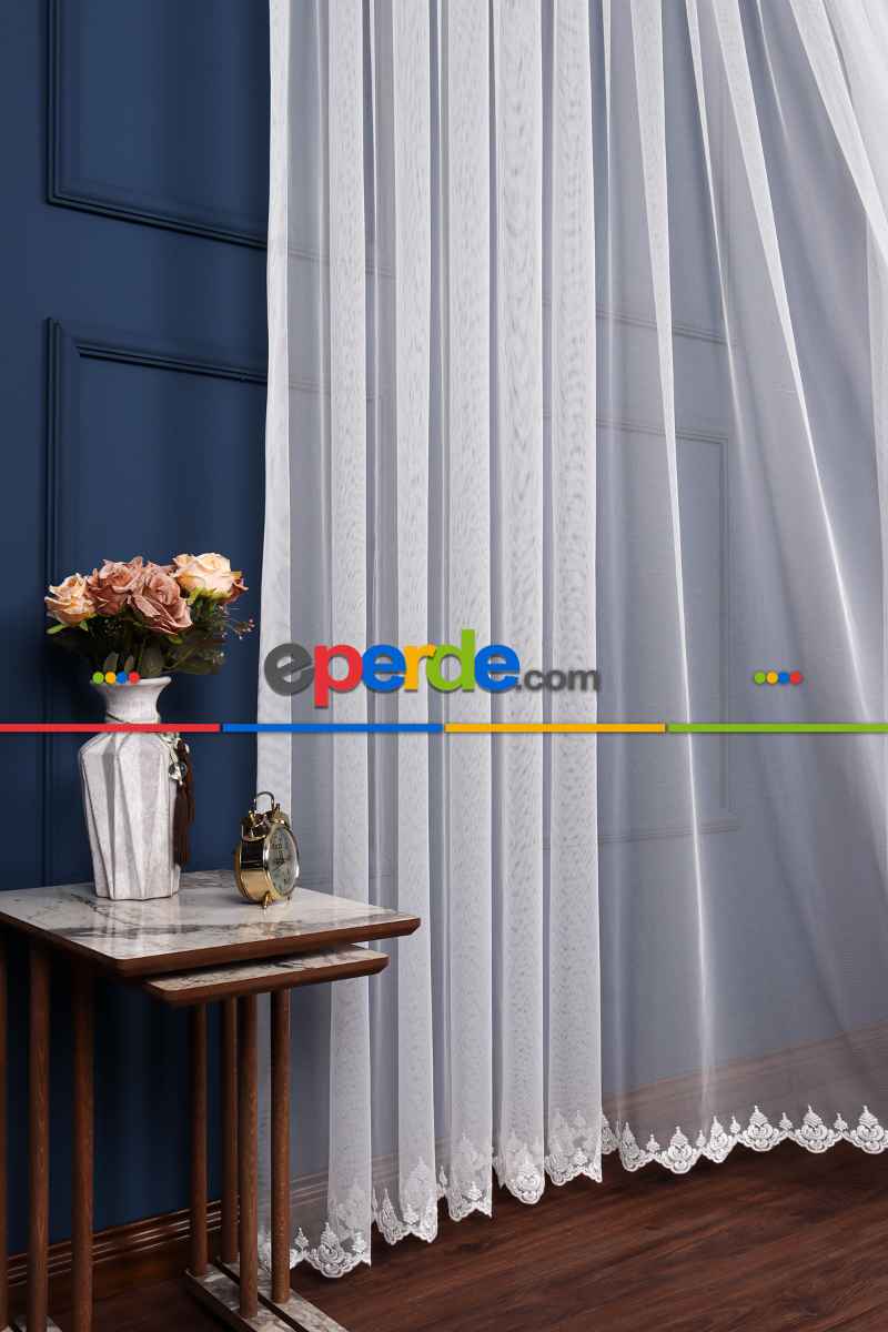 Mutfak Grek Etek Ucu İşlemeli Nakış Damaks Tül Ekru Renk - Kırık Beyaz- Ekru