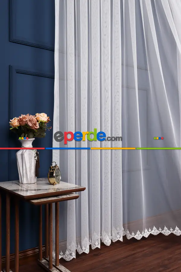 Salon Tül Perde - Grek Etek Ucu İşlemeli Nakış Damaks Tül Ekru Renk - Kırık Beyaz- Ekru