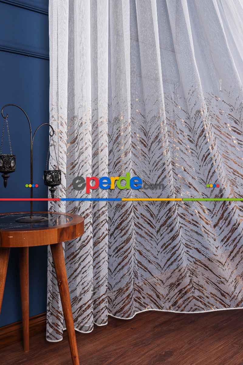 Salon Tül - Larissa Dijital Baskılı Tül Perde Ekru-gold