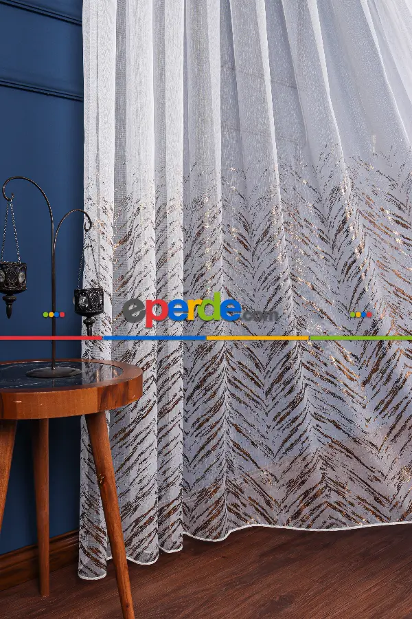 Salon Tül - Larissa Dijital Baskılı Tül Perde Ekru-gold