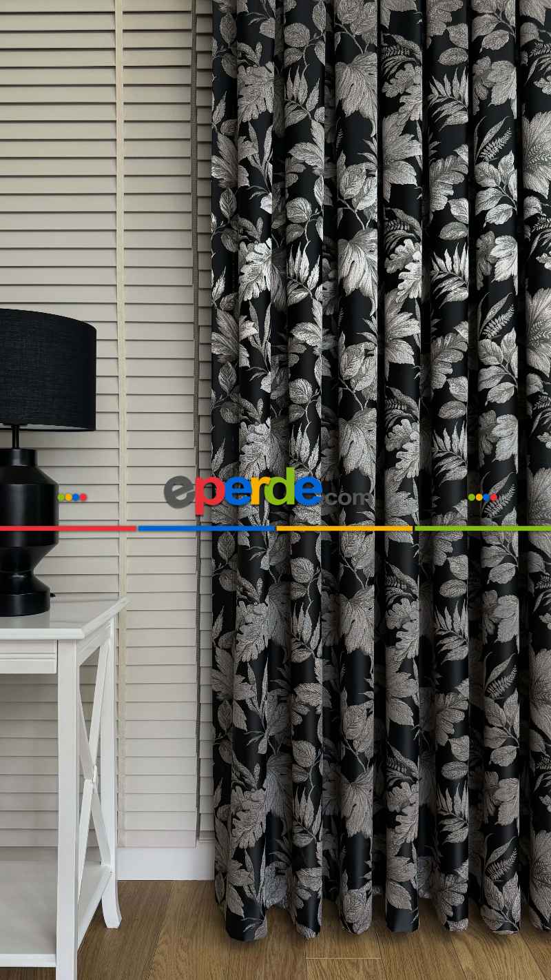 Siyah Gümüş Vizon Çiçek Desen Premium Jakar Dokuma Fon Perde - Premium Kalite Serisi Ağır Gramajlı