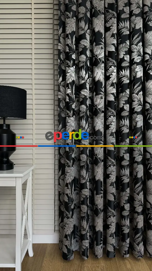 Siyah Gümüş Vizon Çiçek Desen Premium Jakar Dokuma Fon Perde - Premium Kalite Serisi Ağır Gramajlı