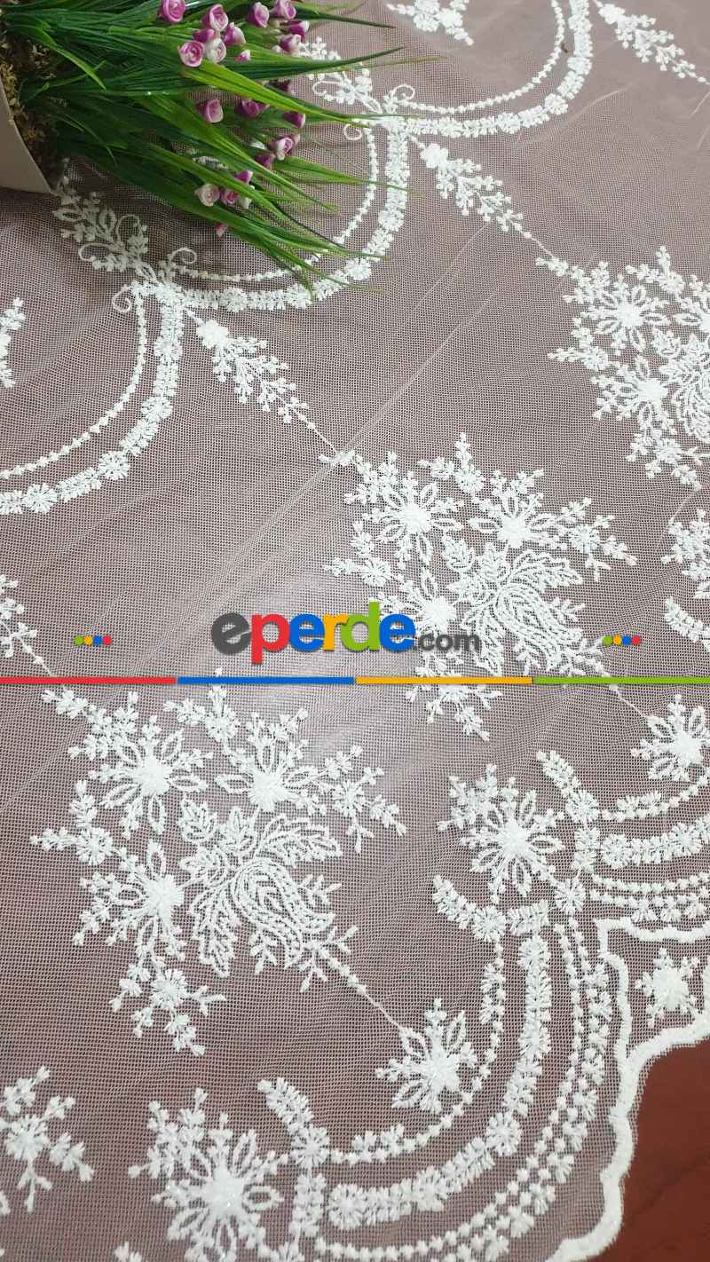 Tül Perde - Nakışlı Tül - Serpme Küçük Çiçek Desen Ütü İstemez