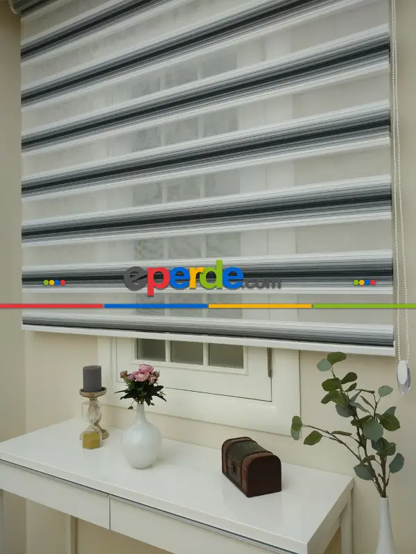 Salon Zebra - Zebra Perde - Degrade Renk Geçişli Pileli Zebra Perde- Siyah-Beyaz