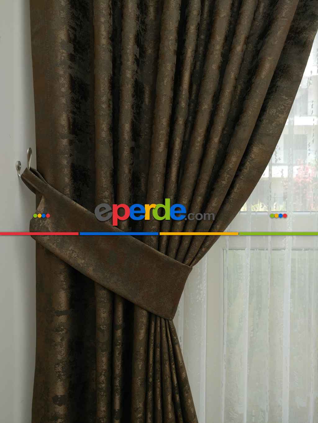 Patinedesenli Kahve - Katyonik Jakar Fon Perde- Kahve