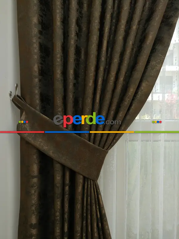 Patinedesenli Kahve - Katyonik Jakar Fon Perde- Kahve