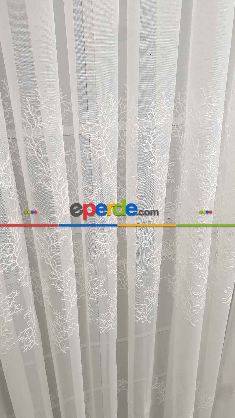 Oturma Odası - Sıra Dallar İşlemeli Sıra Desen Bambu Kırışmaz Ütü İstemez Tül