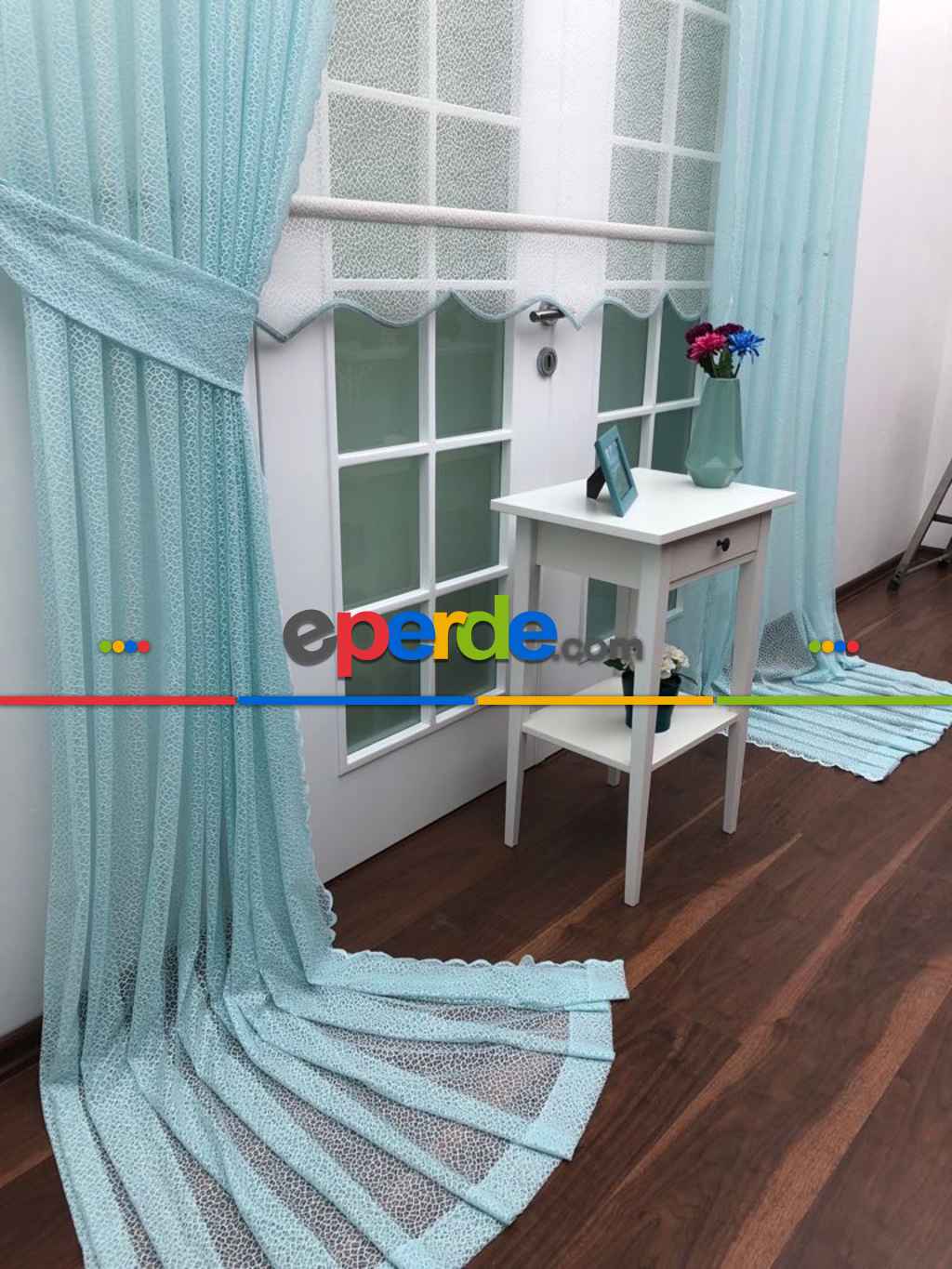 Turkuaz Düz Tül Kombinli Fon Perde Tül Stor Kod:14216- Turkuaz