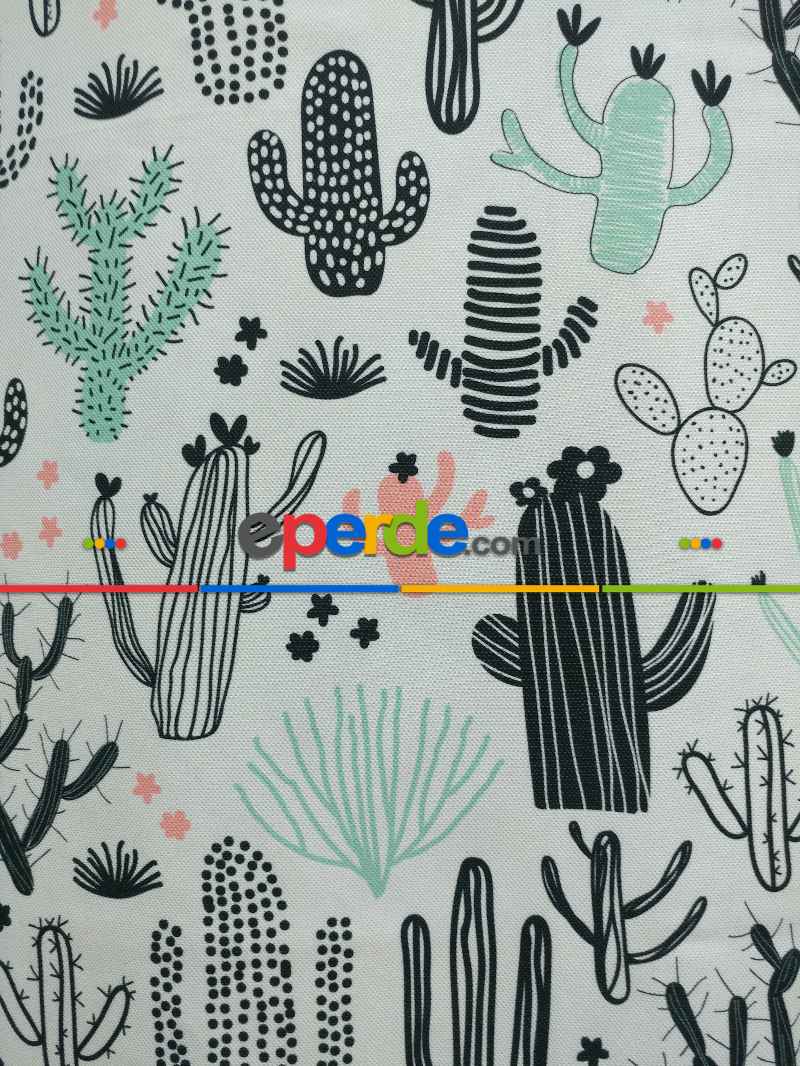 Kaktüs Desenli Fon Perde Evm694 Kumaşı Kalındır Duck Bezi Değildir- Siyah-Beyaz