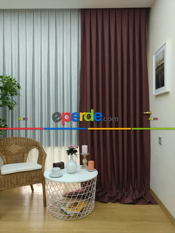 Salon Fon Perde - Keten Bordo Renk Düz Fon Perde- Kiremit Rengi