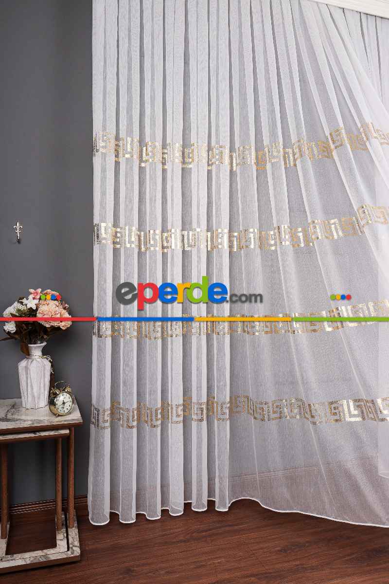 Yatak Odası - Enine Bantlı Ekru-gold Detaylı Tt Zemin Tül Perde