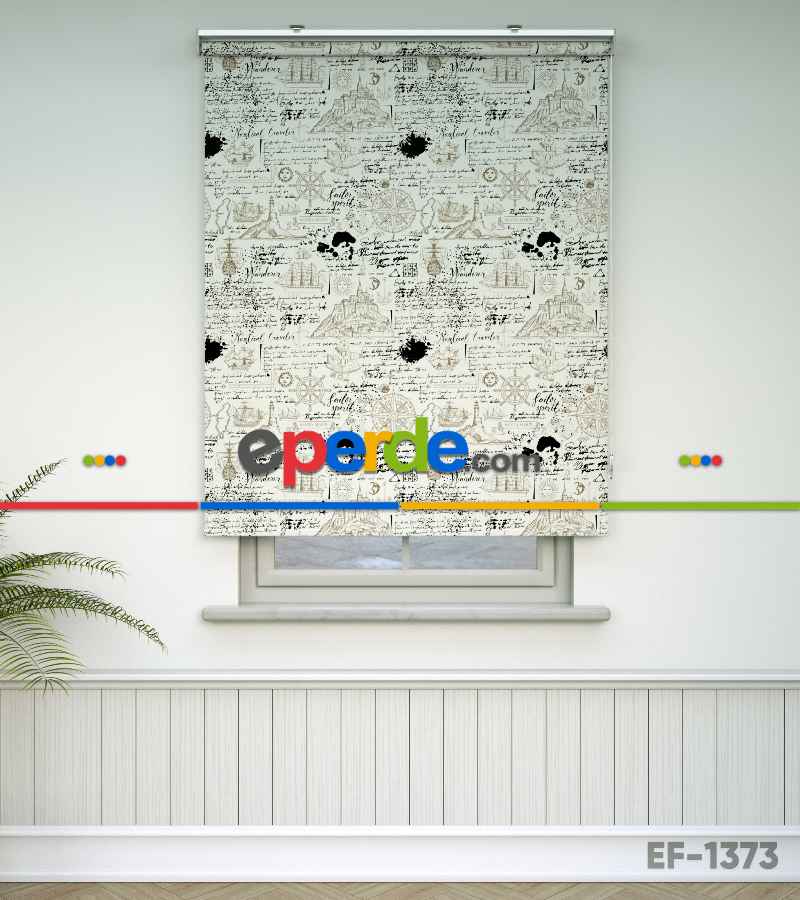 Genç Odası - Denizci Desenli Baskılı Stor Perde- Siyah-ekru-kahve