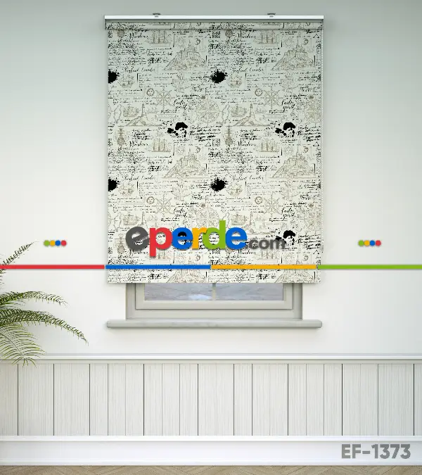 Denizci Desenli Baskılı Stor Perde- Siyah-ekru-kahve