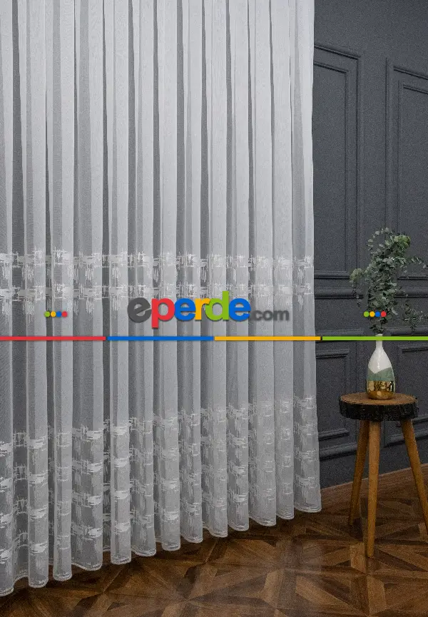 Brillant Tül Perde - Hafif Keten Tül - Etek Ucu Ve Bantı İşlemeli - Spor Modern Desenli Tül Perde - Ütü İstemez Kırışmaz Tül