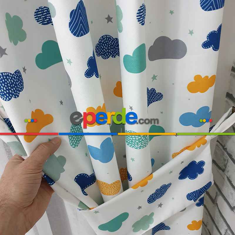 Renkli Bulut Desenli Fon Perde Evm809 Kumaşı Kalındır Duck Bezi Değildir- Beyaz-Mavi Açık