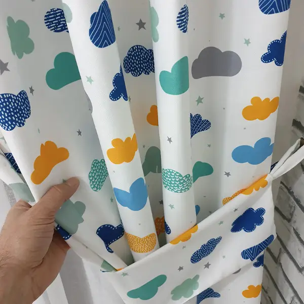 Renkli Bulut Desenli Fon Perde Evm809 Kumaşı Kalındır Duck Bezi Değildir- Beyaz-Mavi Açık