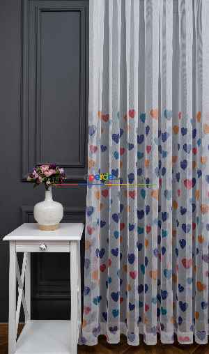 Hazır Ölçülü Petek Zemin Lacivert - Mavi Ve Turuncu Renkli Kalp Desenli Grek Baskılı Tül Perde