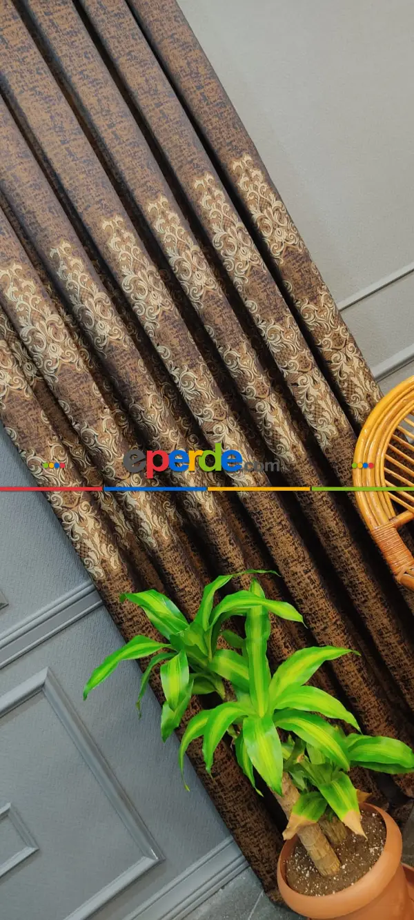 Yatak Odası - Kahverengi Desenli Fon Perde, Adet Fiyatıdır, İstediğiniz Boy Ölçüsünde Dikilir, Eni 50 İla 100cm Arası Seçenekler, Sık Piledir 50cm X 1cm 