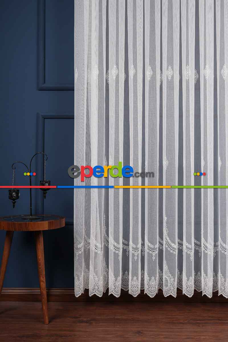 Salon Tül Modelleri - Kolye Tt Zemin Brode Nakış İşlemeli Tül Perde