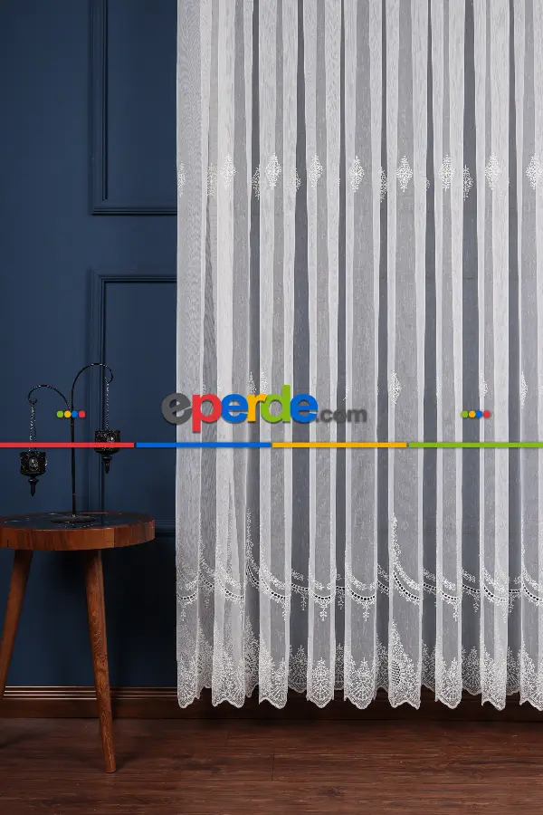 Salon Tül Modelleri - Kolye Tt Zemin Brode Nakış İşlemeli Tül Perde