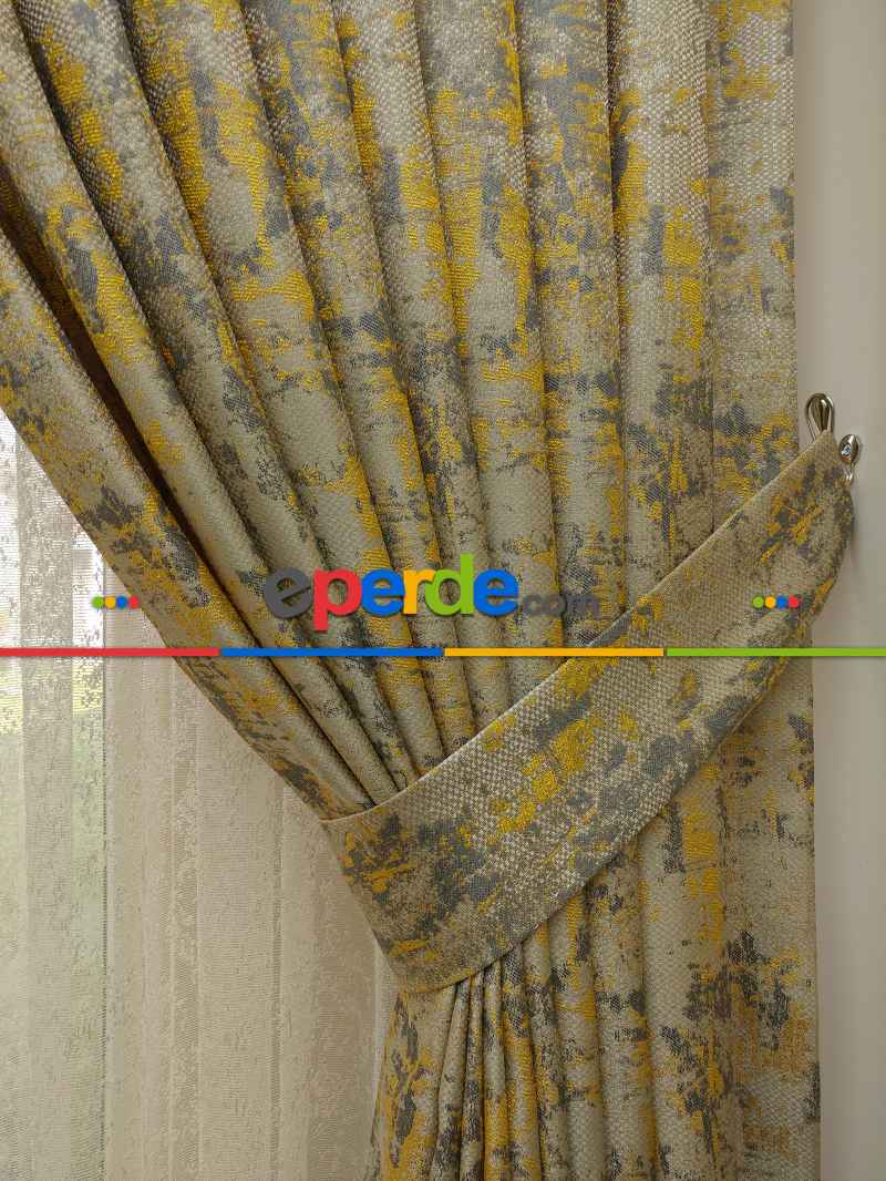 Bej Hardal Desenli Jakar Fon Perde (180)- Hardal Sarısı