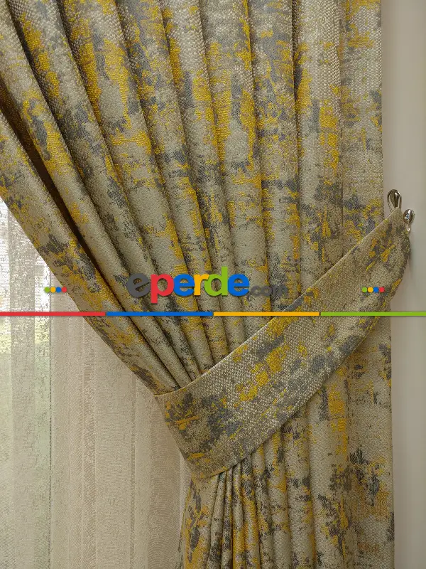 Yatak Odası - Patinedesenli Hardal Desenli Jakar Fon Perde (180)- Hardal Sarısı