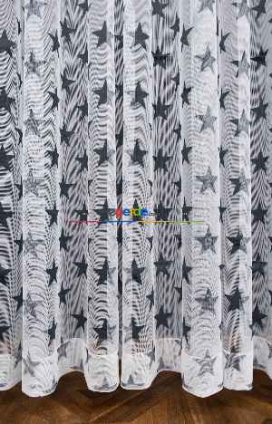 İndirimli Fiyat!! Petek Zemin Koyu Antrasit Renkli Sık Pileli Yıldız Desenli Grek Baskılı Tül Perde