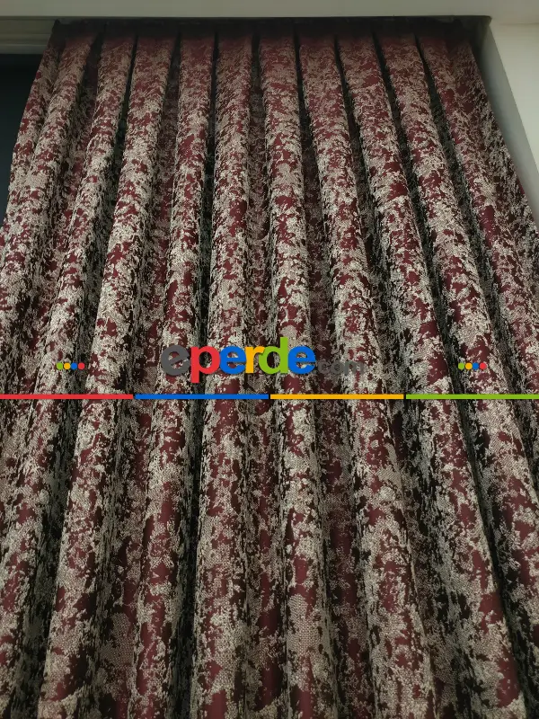 Bordo Krem Desenli Jakar Fon Perde - Bordo