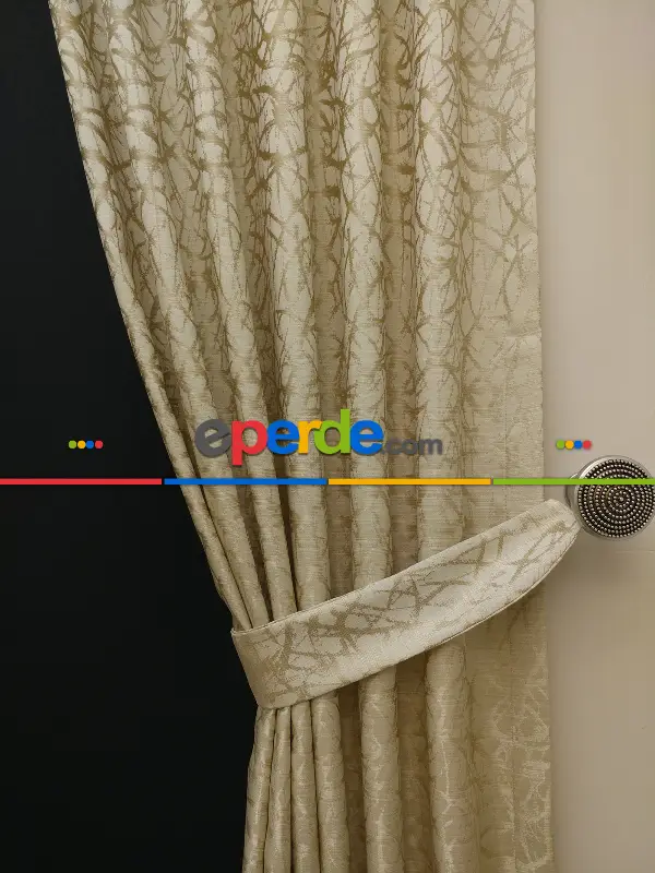 Salon Perdesi - Krem Desenli Jakar Fon Perde (geniş En:280 Kumaş)- Krem