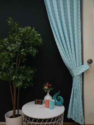 Açık Mavi-beyaz Yıldız Desenli Fon Perde ( Leke Tutmaz )- Mavi Açık