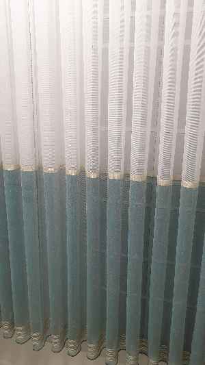 Keten Etek Koyu Bantlı Keten Tül Perde- Yeşil-petrol-turkuaz