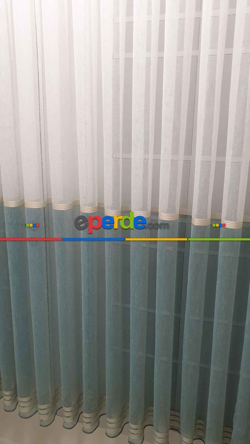 Keten Etek Koyu Bantlı Keten Tül Perde- Yeşil-petrol-turkuaz