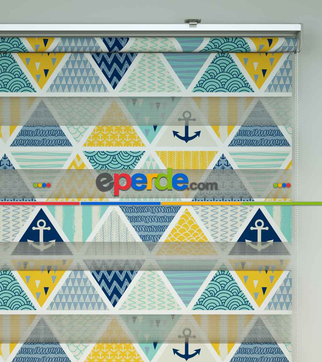 Çocuk Odası Zebra Perde - Çapa Desen Baskılı Zebra Perde- Mavi-Sarı-Beyaz-Su Yeşili