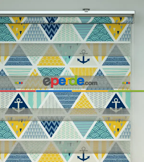 Bebek Odası Zebra Perde - Çapa Desen Baskılı Zebra Perde- Mavi-Sarı-Beyaz-Su Yeşili