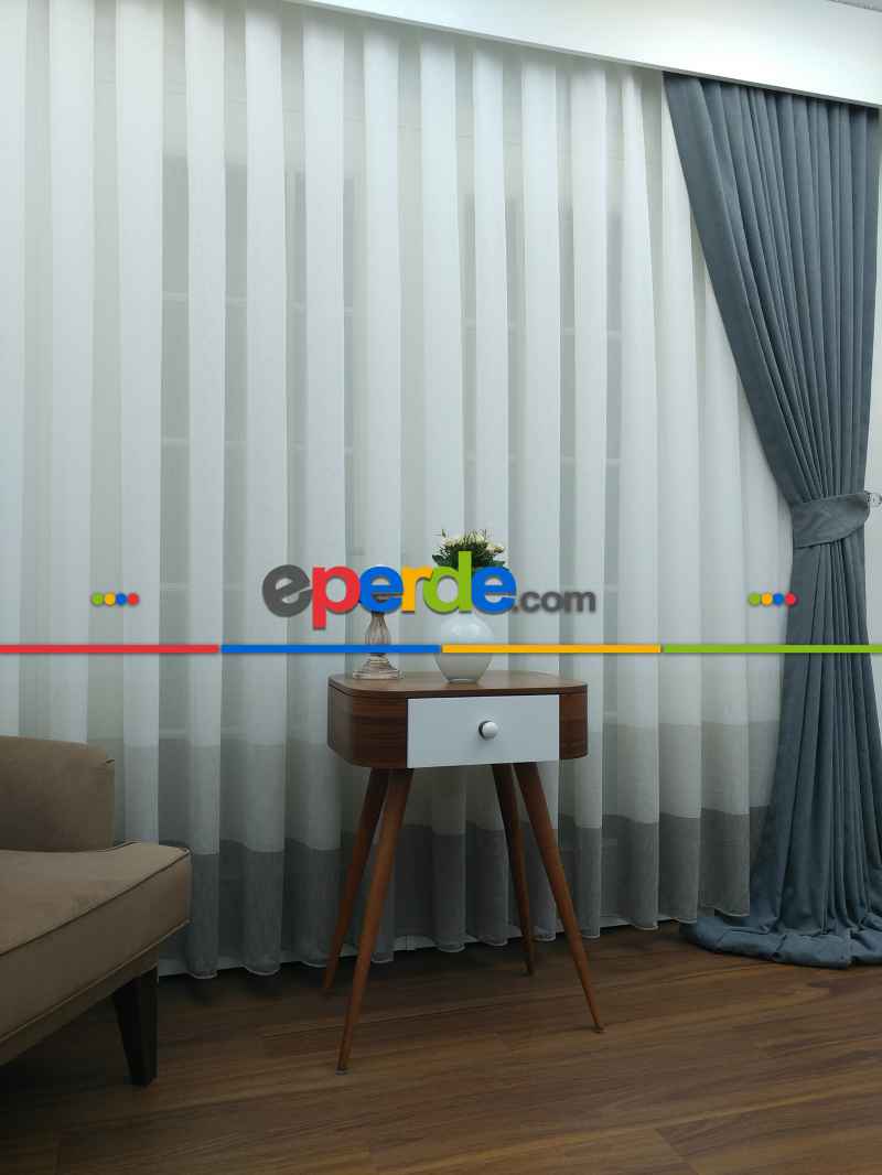 Vizon - Bej Keten Tül Degrade Perde- Bej-vizon Rengi - Kurşunlu Tül