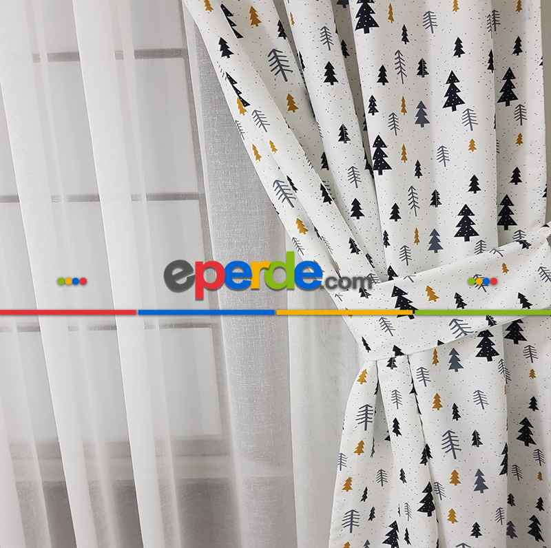 Çam Ağacı Desenli Fon Perde K601 Kumaşı Kalındır Duck Bezi Değildir- Beyaz