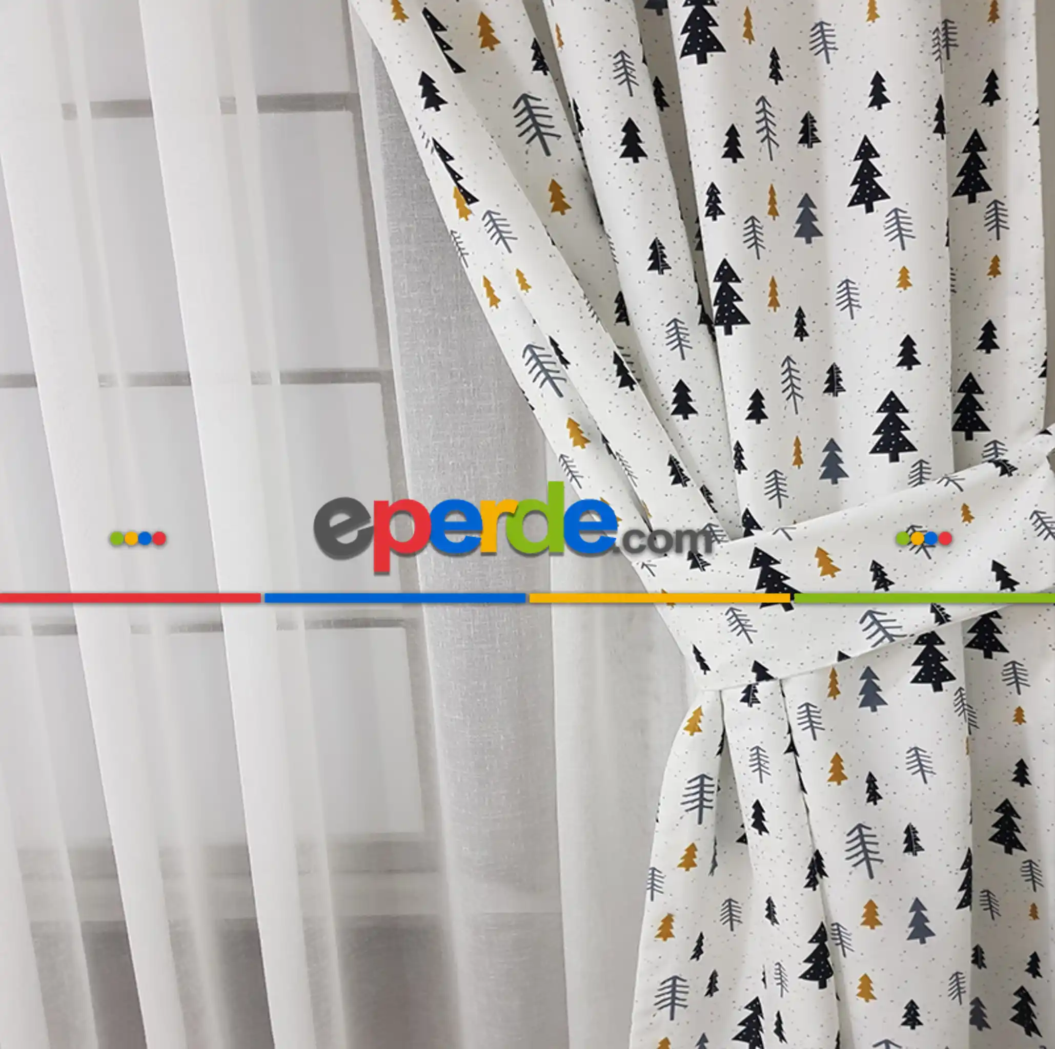 Kız, Erkek, Çocuk ve Bebek Odası Fon Perde - Çam Ağacı Desenli - Siyah Gri Sarı