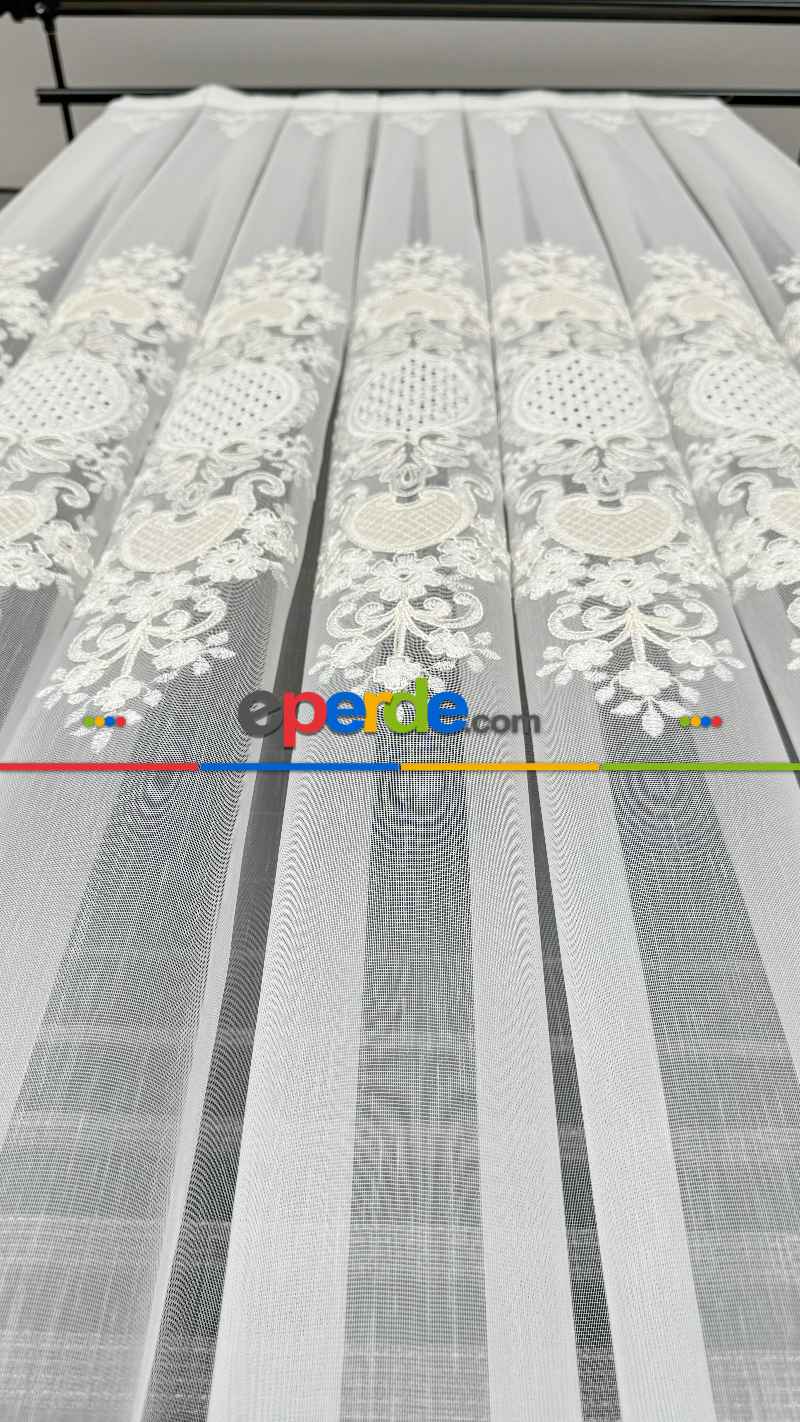 Ekru Özel Dokuma, Özel İplik Hafif Simli Brode İşlemeli Tül Perde - Ağır Gramajlı Premium Nakışlı
