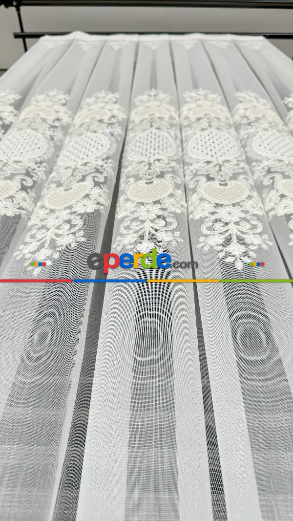 Ekru Özel Dokuma, Özel İplik Hafif Simli Brode İşlemeli Tül Perde - Ağır Gramajlı Premium Nakışlı