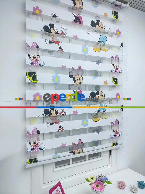 Çocuk Odası - Minnie Mouse Ve Mikie Mouse Zebra Perde- Mavi