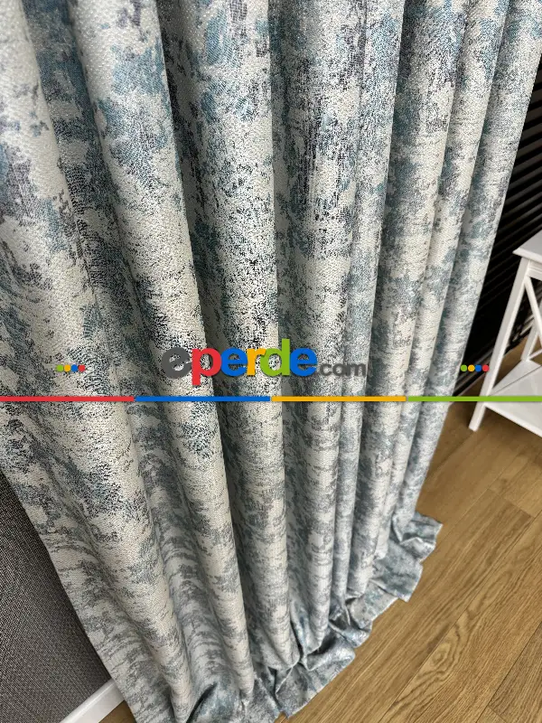 Yatak Odası - PatineDesenli Petrol Turkuaz Yeşil Desenli Jakar Fon Perde (180)- Antrasit