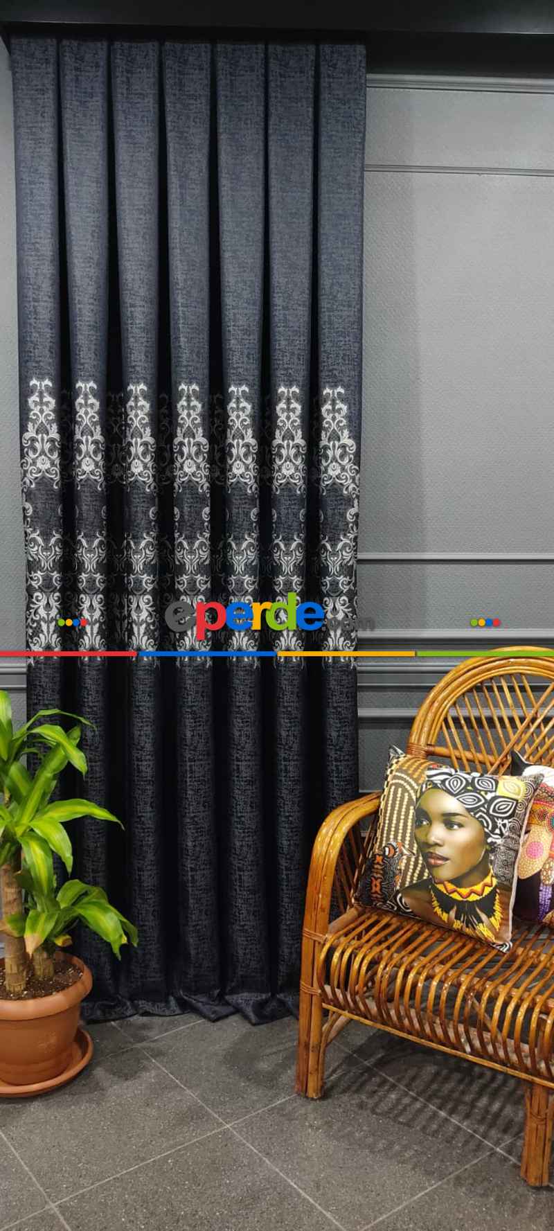 Salon Fon Perde - Lacivert Desenli Fon Perde, Adet Fiyatıdır, İstediğiniz Boy Ölçüsünde Dikilir, Eni 50 İla 100cm Arası Seçenekler, Sık Piledir 100cm X 1cm 