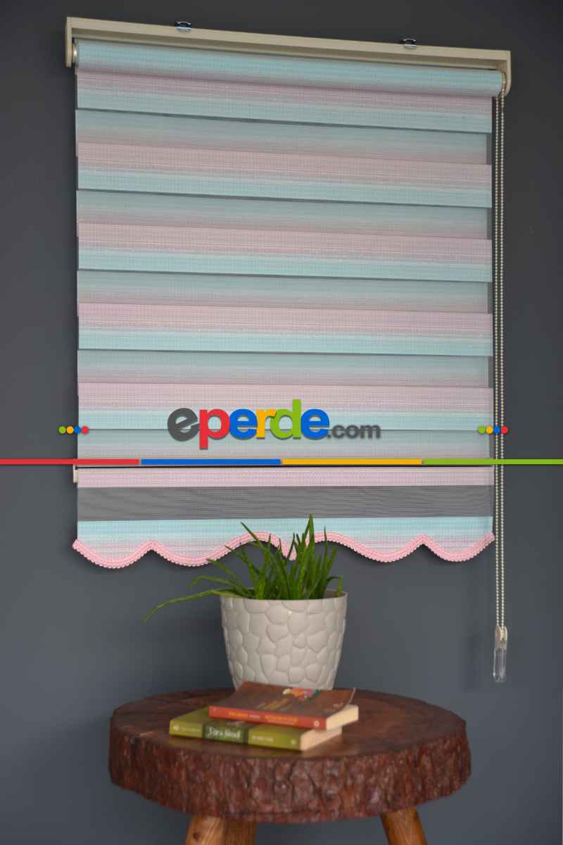 Halim Perdesan Zn-23 Gül Kurusu & Turkuaz Renk Etekli Veya Eteksiz Zebra Stor Perde