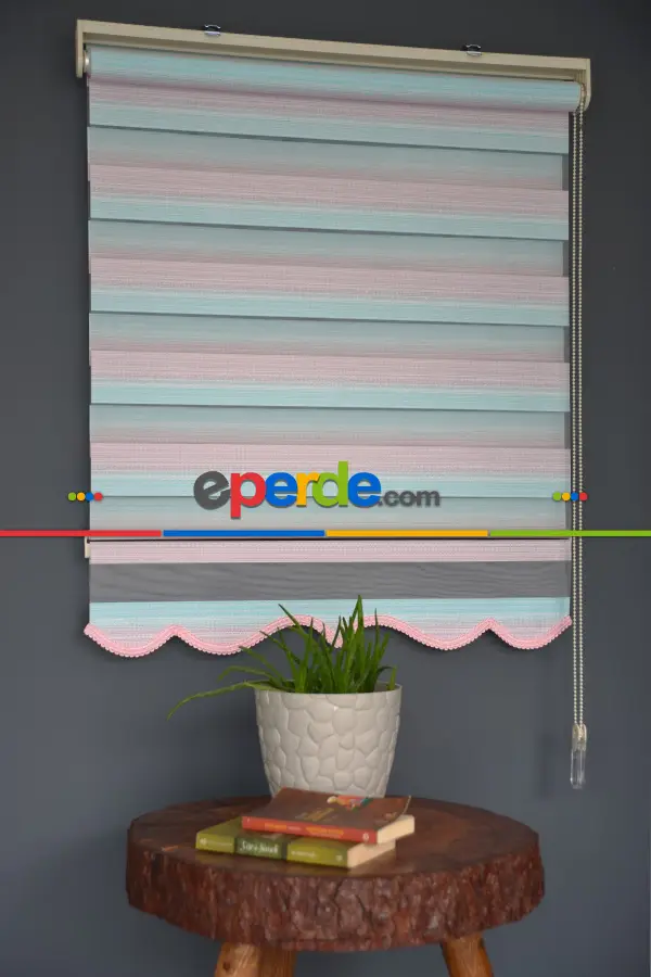 Halim Perdesan Zn-23 Gül Kurusu & Turkuaz Renk Etekli Veya Eteksiz Zebra Stor Perde