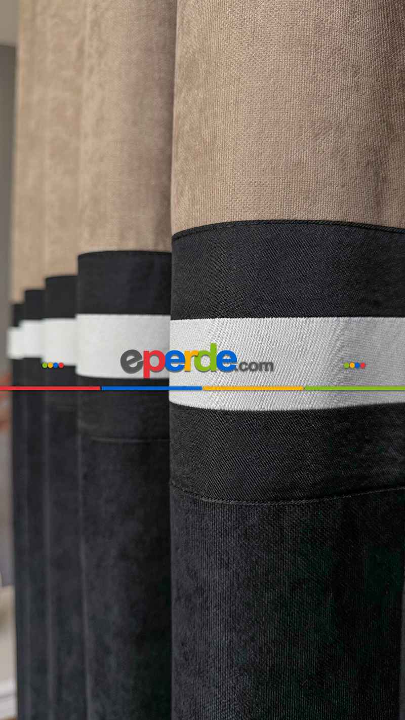 Siyah Ve Bej Rengi Kombinli Fon Perde, İki Kumaş Bordür İle Birleştirilmiştir, Özel Tasarımdır.