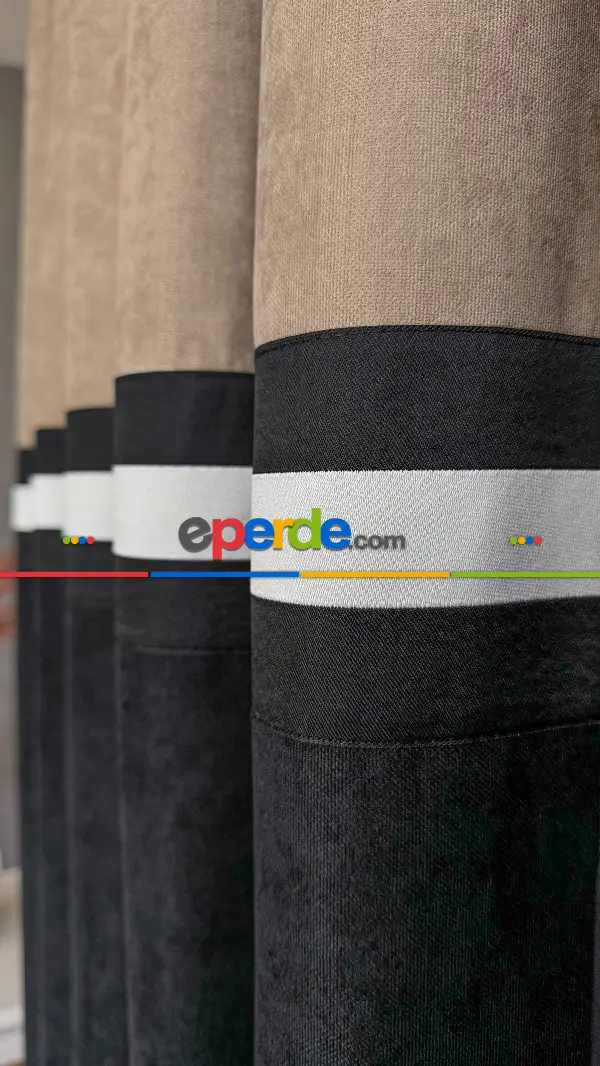 Siyah Ve Bej Rengi Kombinli Fon Perde, İki Kumaş Bordür İle Birleştirilmiştir, Özel Tasarımdır.